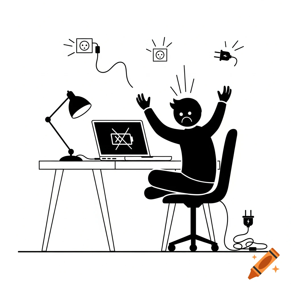 A black and white pictogram shows a frustrated person at a desk with a laptop displaying a dead battery icon, surrounded by unplugged power sources.