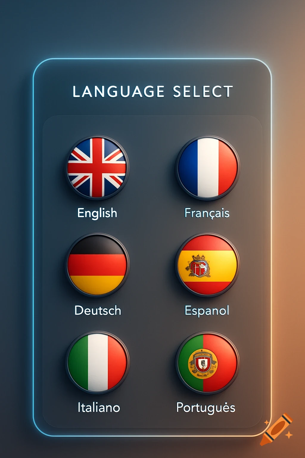 A language selection screen with six country flags including the UK, France, Germany, Spain, Italy, and Portugal, each labeled with its language.