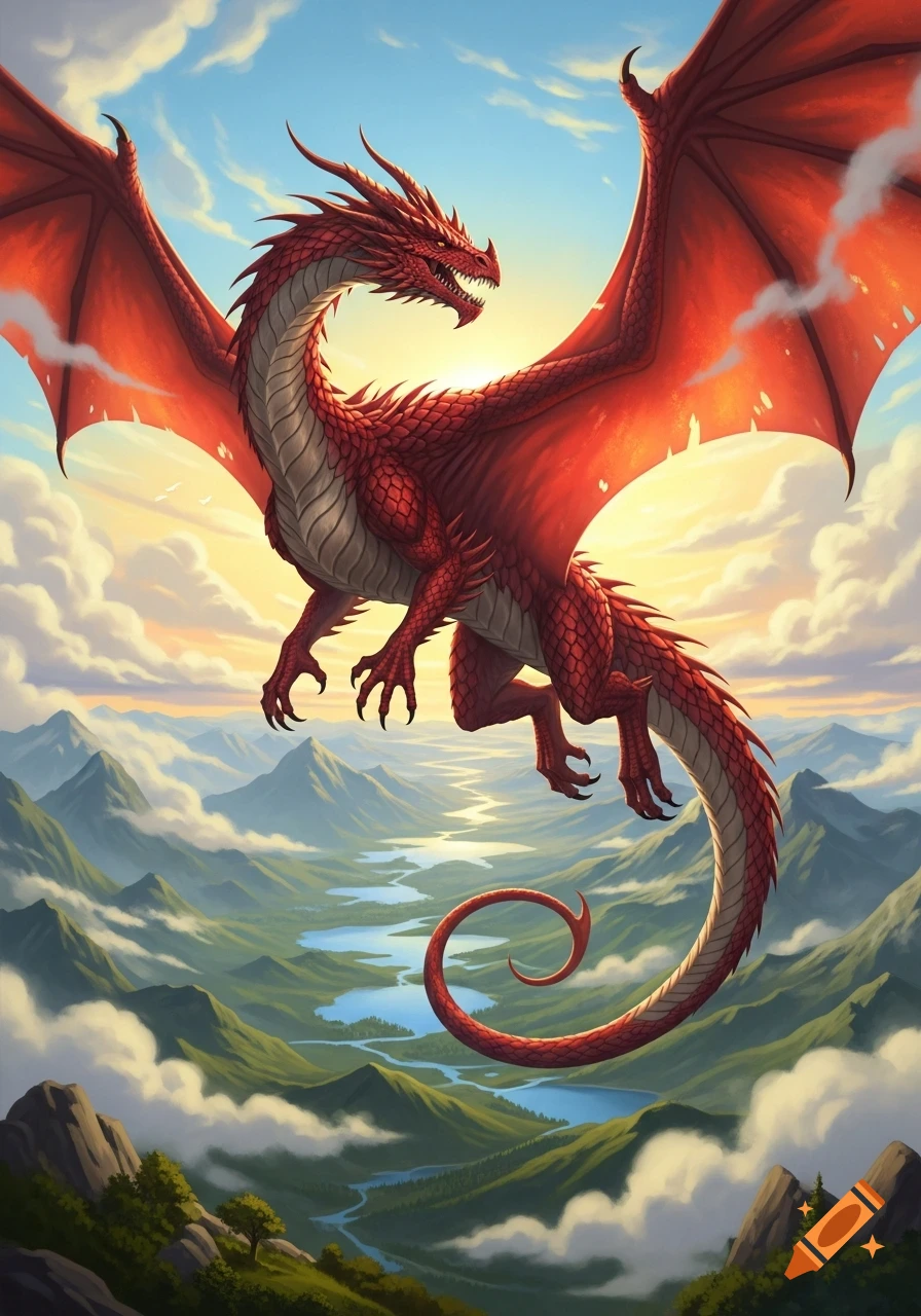 A majestic red dragon with large wings flies high above a vibrant ...