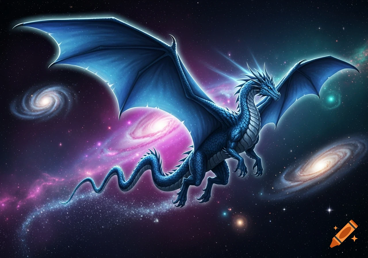 A majestic blue dragon with glowing wings flies through a vibrant ...