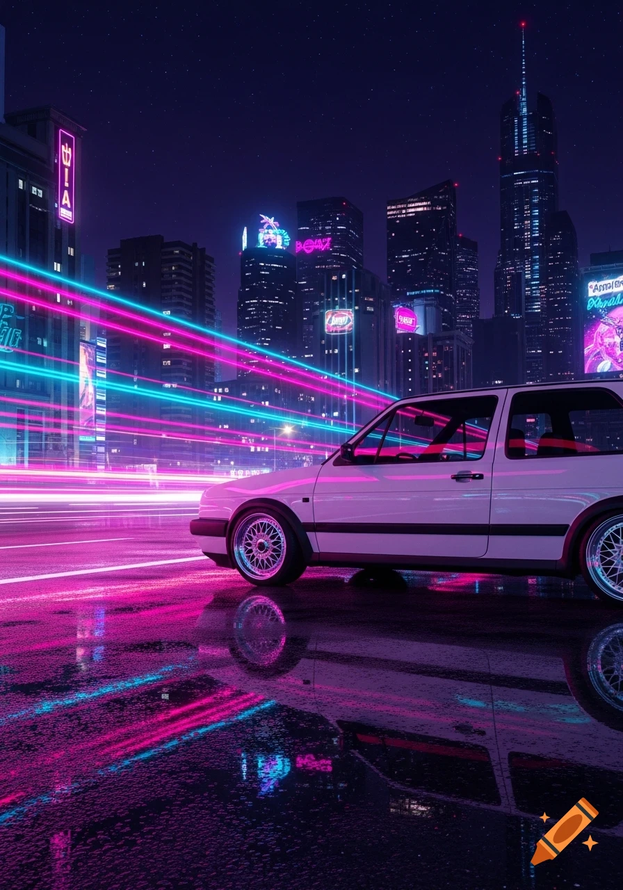 A white Golf Mk2 with BBS wheels parked on a wet street at night, reflecting vibrant pink and blue neon lights from a retro cityscape.