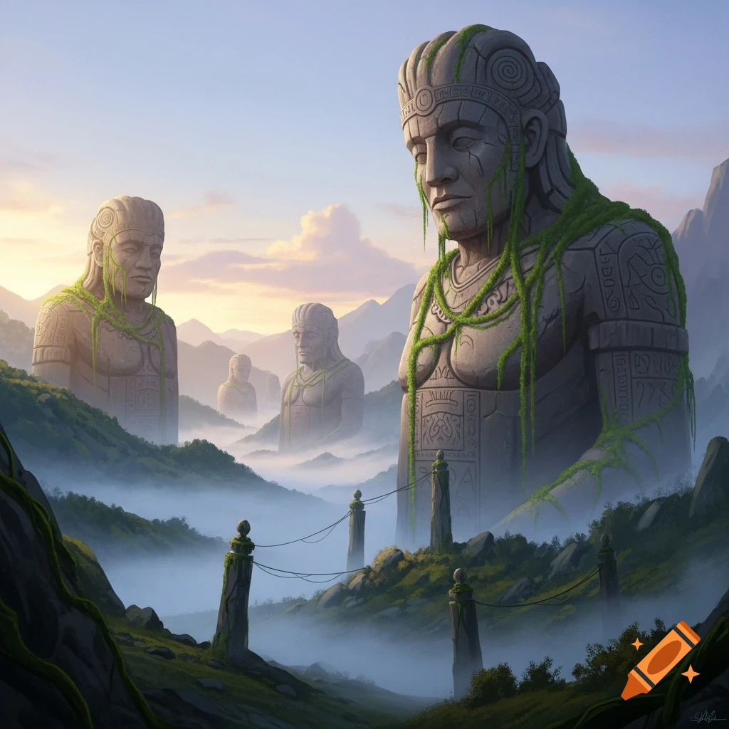 Enormous moss-covered stone statues stand in a misty mountain valley under a twilight sky, digital art.