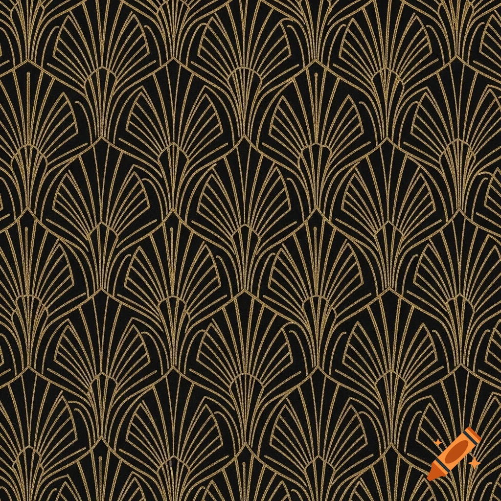 Seamless Art Deco pattern with shimmering golden lines on a black background.