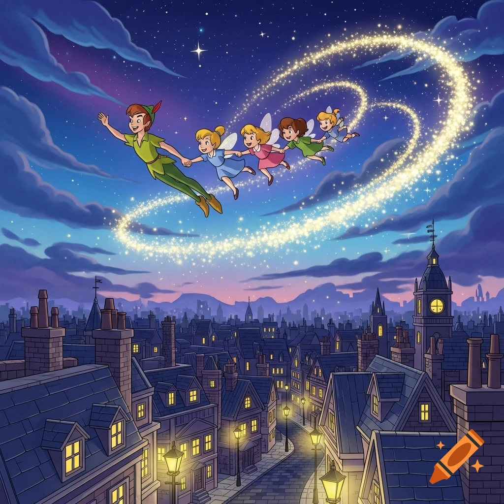 Peter Pan and four children fly over nighttime London, leaving a trail of glowing pixie dust in this 2D animated cartoon.
