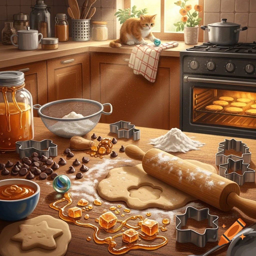 A kitchen counter covered in baking ingredients like dough, flour, chocolate chips, and caramel, with a cat playing on the countertop and cookies baking in an oven.