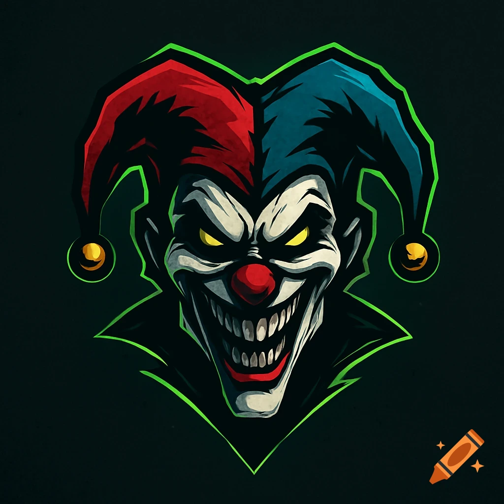 A menacing clown head logo with a jester hat, sharp teeth, and glowing yellow eyes, outlined in green.