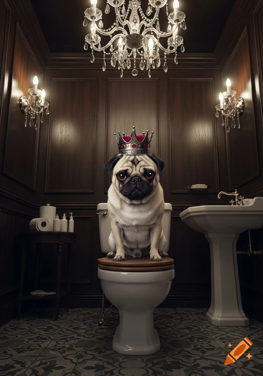 A photorealistic pug wearing a crown sits on a toilet in a luxurious wood-paneled bathroom with chandeliers.