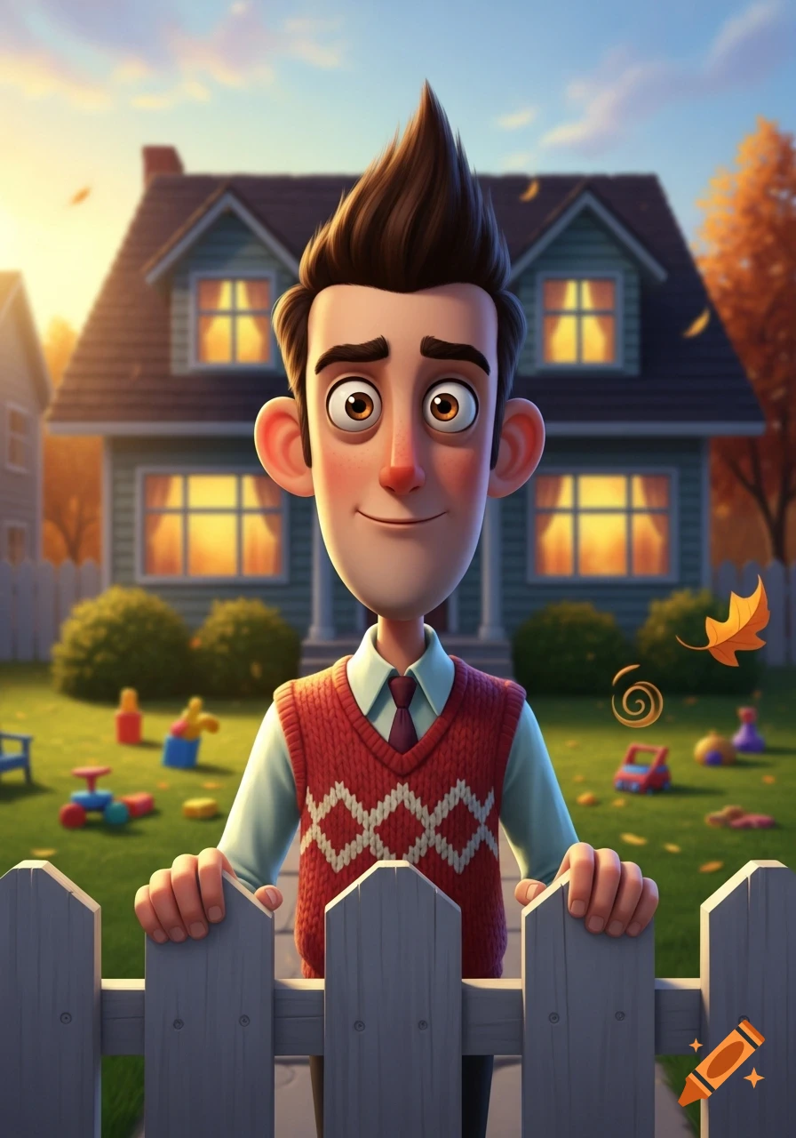 A smiling cartoon man with spiky brown hair, wearing a red argyle vest, peeks over a white picket fence in front of a suburban house on a sunny autumn day.