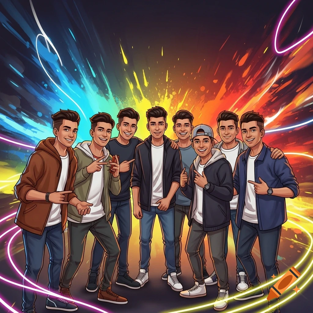 A cartoon illustration of seven smiling young men in casual clothes, posing against a vibrant, colorful, abstract background.