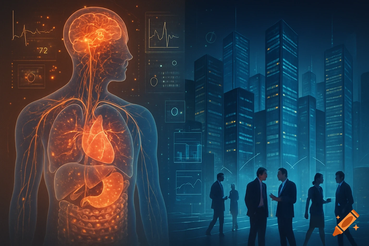 A split image showing a glowing human anatomy with internal organs on the left and a blue cityscape with business people on the right, symbolizing data and systems.