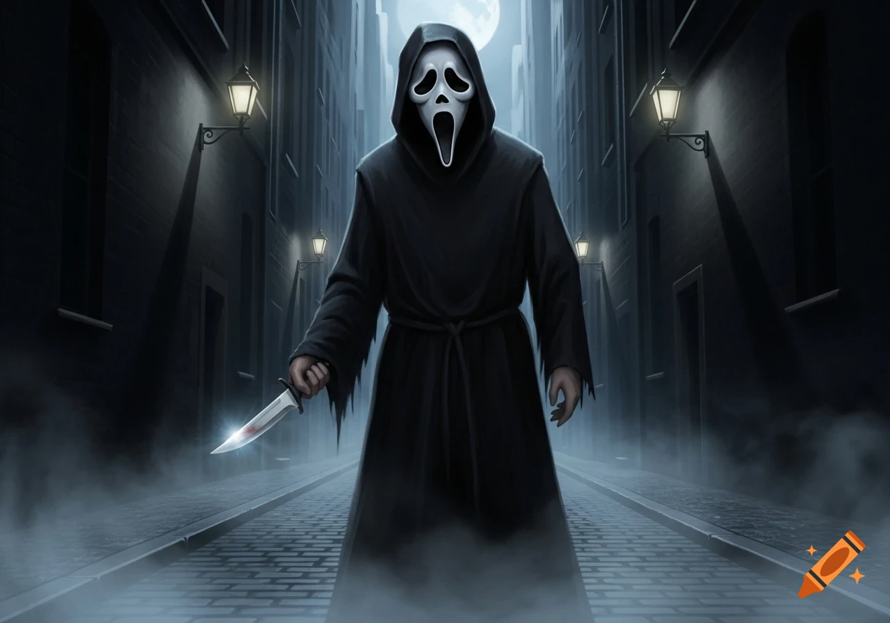 Ghostface stands menacingly in a dark, foggy alley under a full moon, holding a bloody knife.
