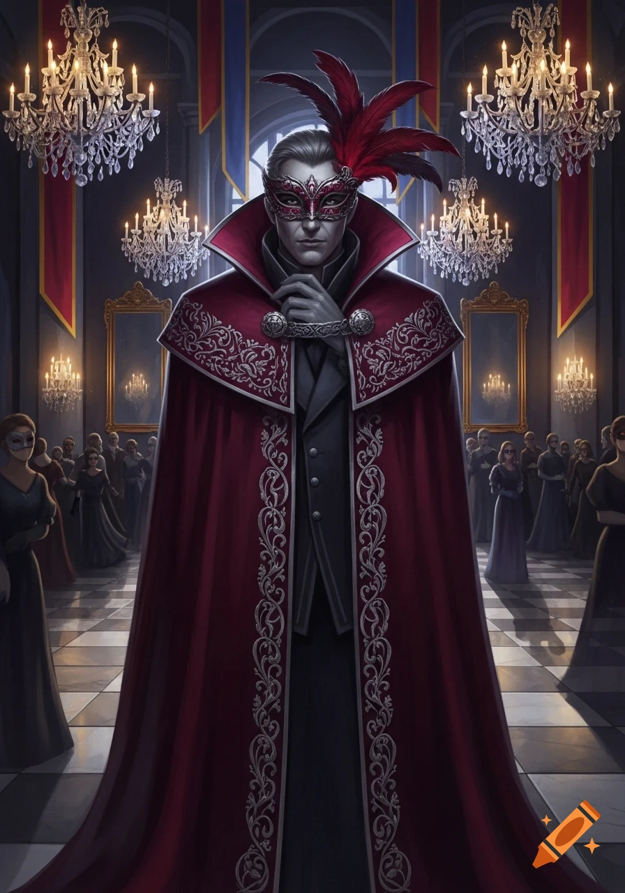 A masked man in a red cape with feathered headdress stands in a grand ballroom with chandeliers and blurred figures.