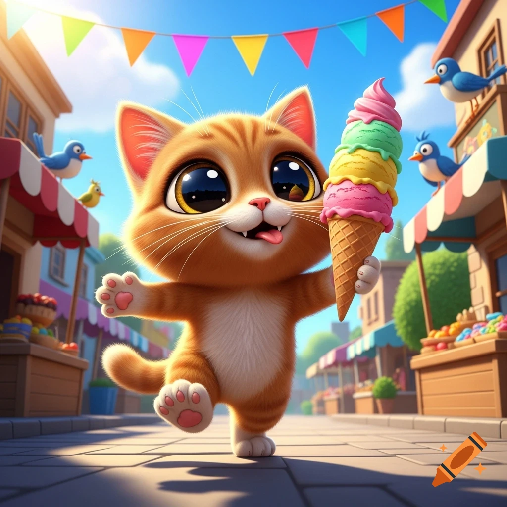 A cute, orange cartoon cat walks down a sunny street, holding a tall, colorful ice cream cone with its tongue out.