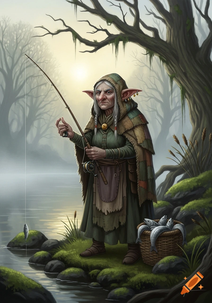 An old, wrinkled elven woman with pointed ears and white braids fishes by a misty lake, with a basket of fish nearby, in a fantasy art style.