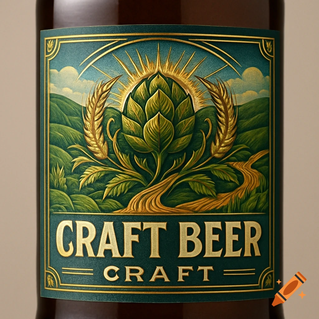 A green and gold craft beer label showing a central hop cone, wheat stalks, and a sunburst over rolling hills, with 'CRAFT BEER' text.