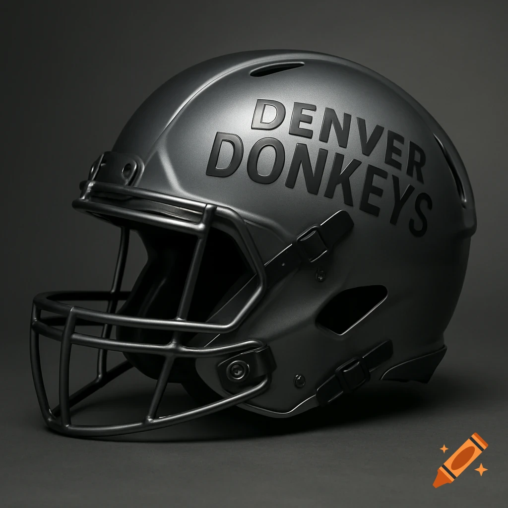 A photorealistic grey football helmet with the words Denver Donkeys printed on its side.