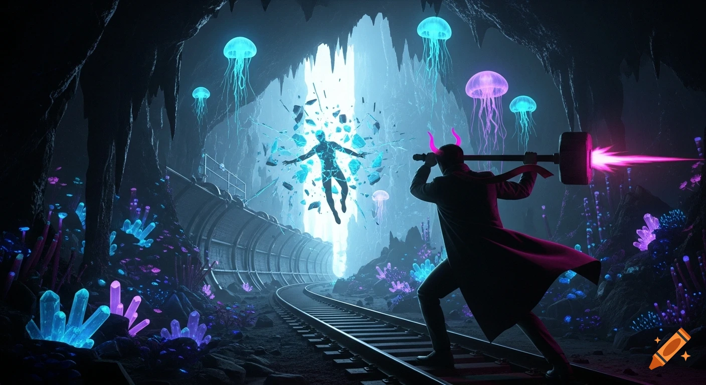 A silhouetted man with glowing horns swings a hammer firing a pink laser in a dark, bioluminescent cave, as a figure breaks apart in a glowing wall.