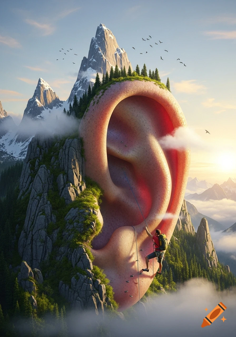 A climber scales a gigantic ear-shaped mountain amidst a majestic, cloudy mountain range at sunset, rendered in a photorealistic style.