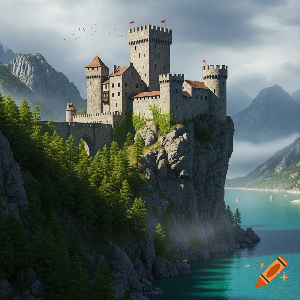 A majestic stone castle on a rugged cliff overlooks a turquoise lake, with mountains and pine trees under a cloudy sky.