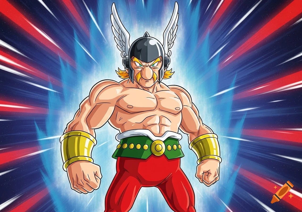 Muscular Asterix in Dragon Ball Z style with a blue aura and winged helmet.