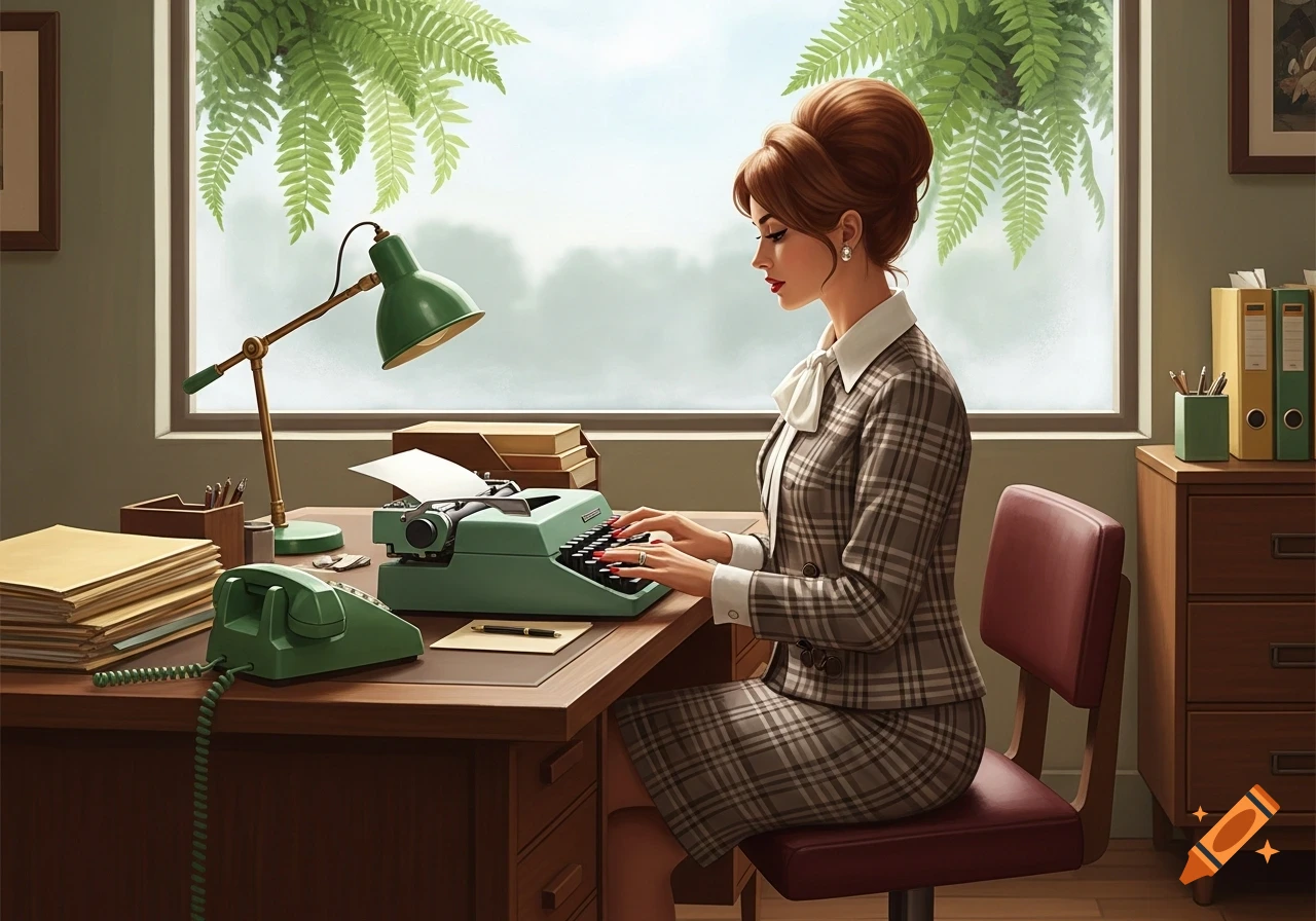A 1960s secretary with a bouffant hairstyle sits at a wooden desk typing on a green typewriter in a vintage office.
