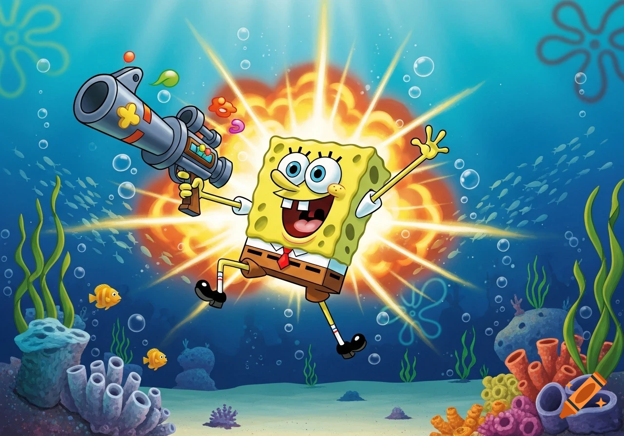SpongeBob SquarePants happily jumps underwater with a stylized launcher, against a bright explosion and coral reef background.