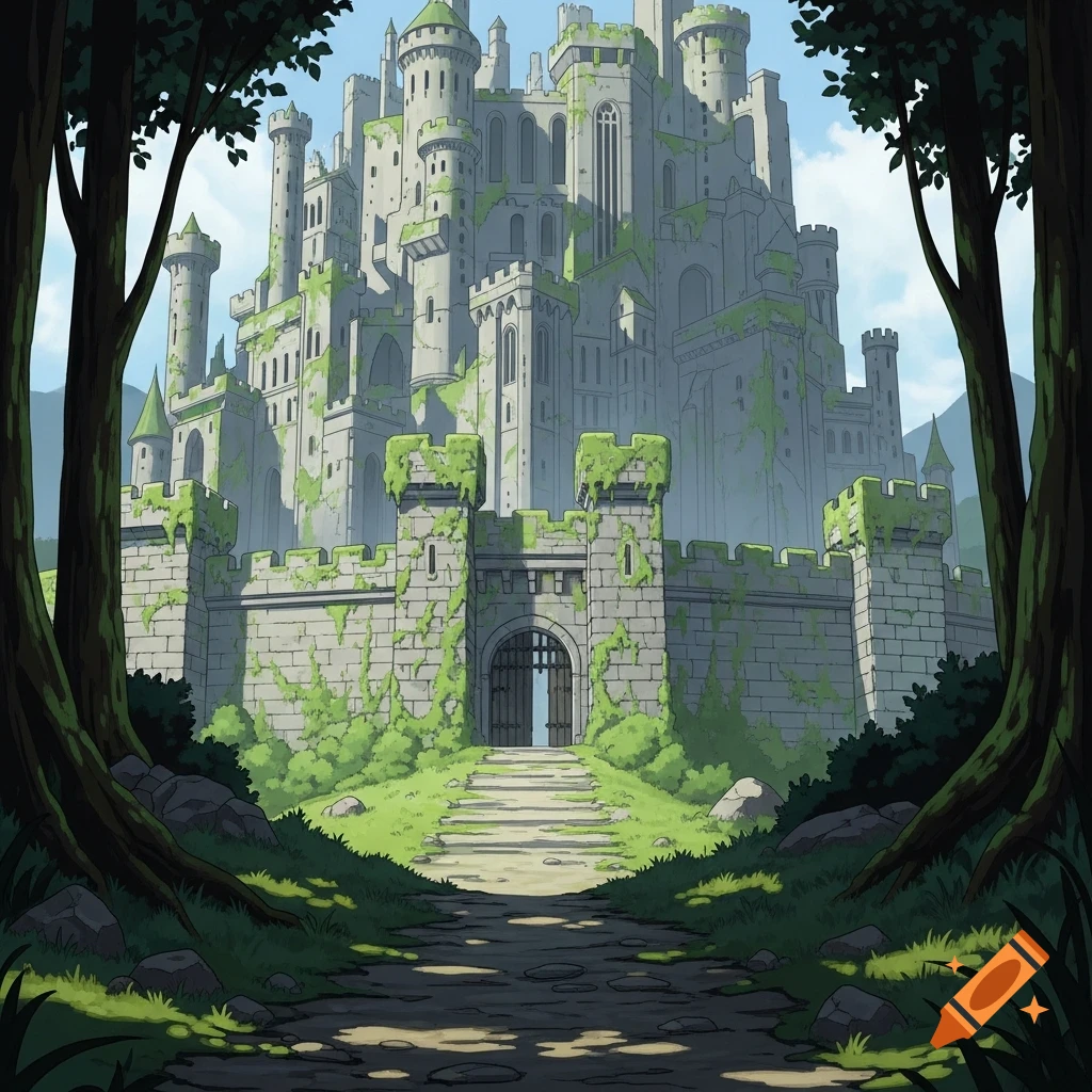 A massive, moss-covered grey stone castle with towers, seen from a forest path in a Ghibli-inspired cel-shaded style.
