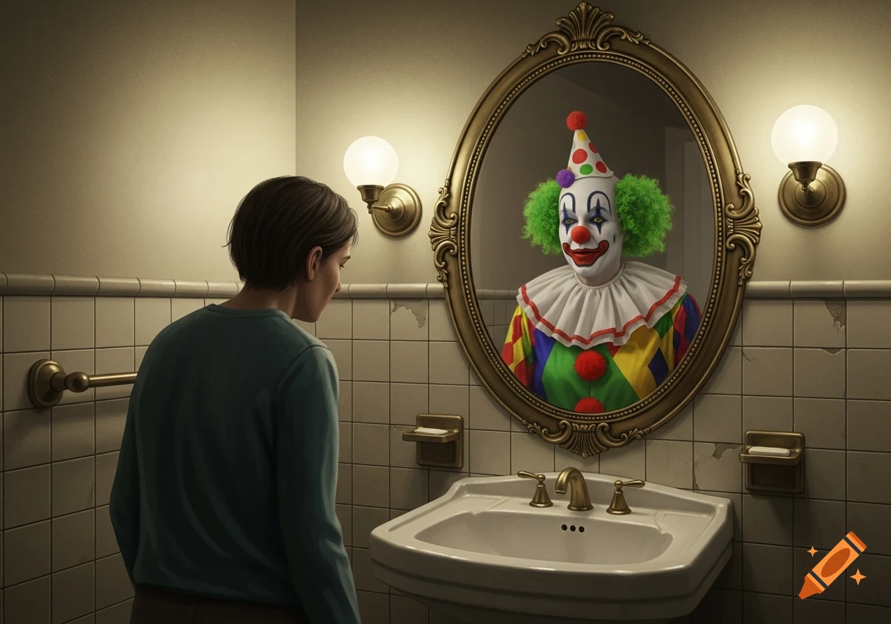 A person in a dimly lit bathroom looking into a mirror, whose reflection is a creepy clown with green hair and a polka-dotted hat.