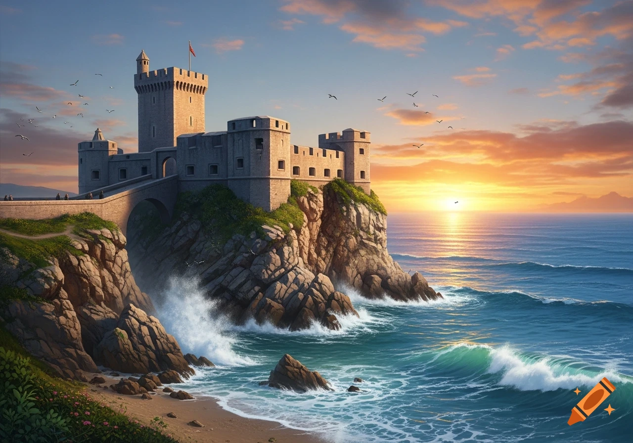 A grand stone castle sits atop a rocky cliff overlooking the ocean with waves crashing below, bathed in the warm glow of a sunset.