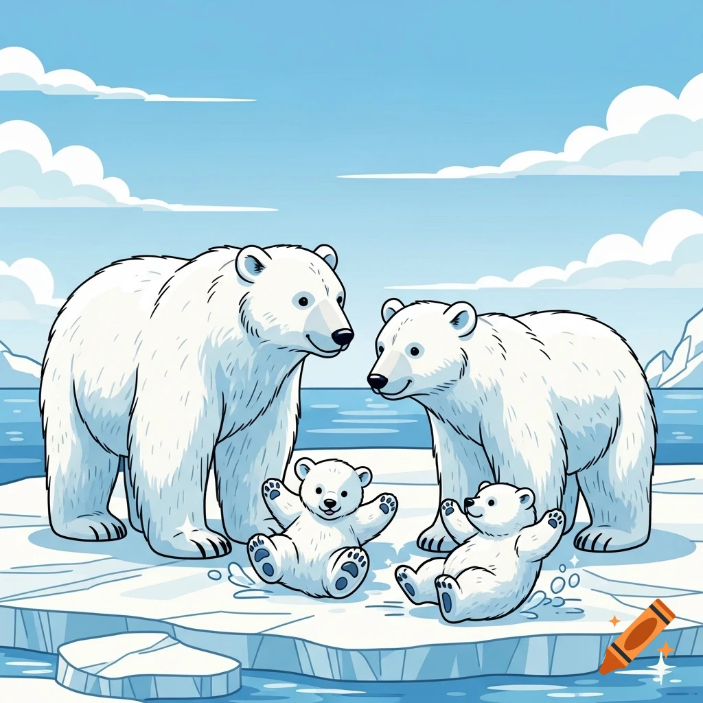 A cartoon polar bear family, two adults and two cubs, playing on an ice floe in a blue arctic landscape.