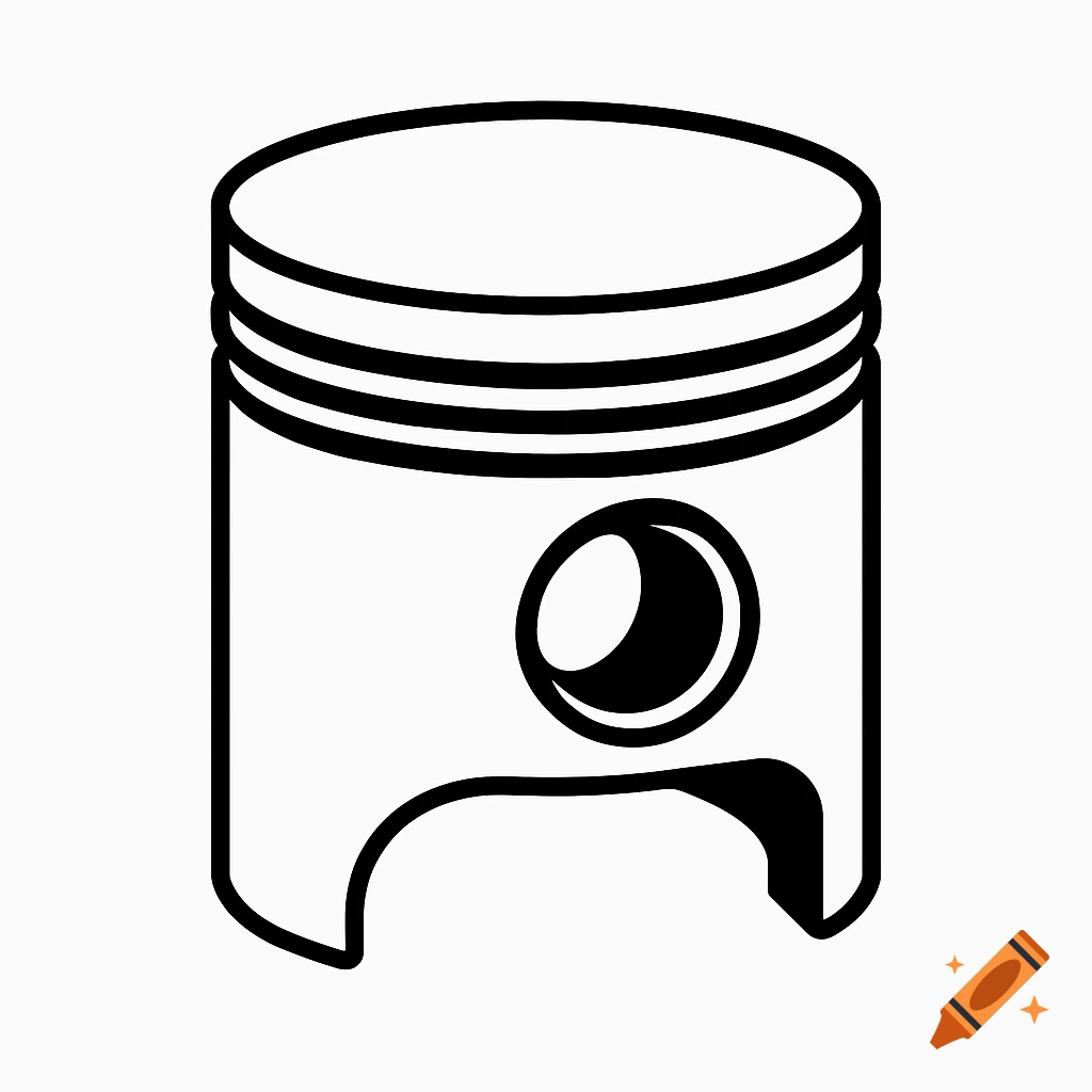 Minimalistic black and white technical illustration of an engine piston with clean linework and thick outlines.