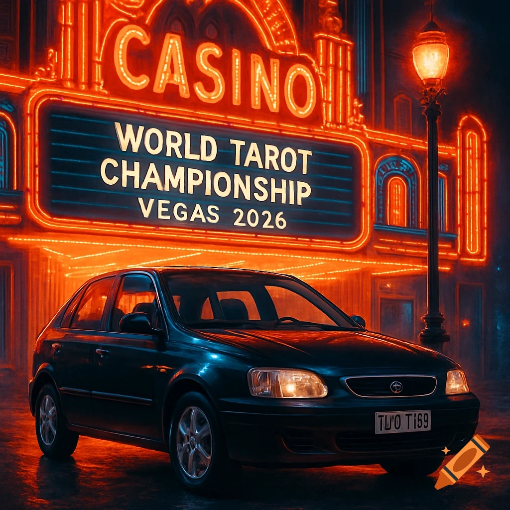 A black car parked in front of a neon-lit casino at night, with a marquee sign reading 'World Tarot Championship Vegas 2026'.