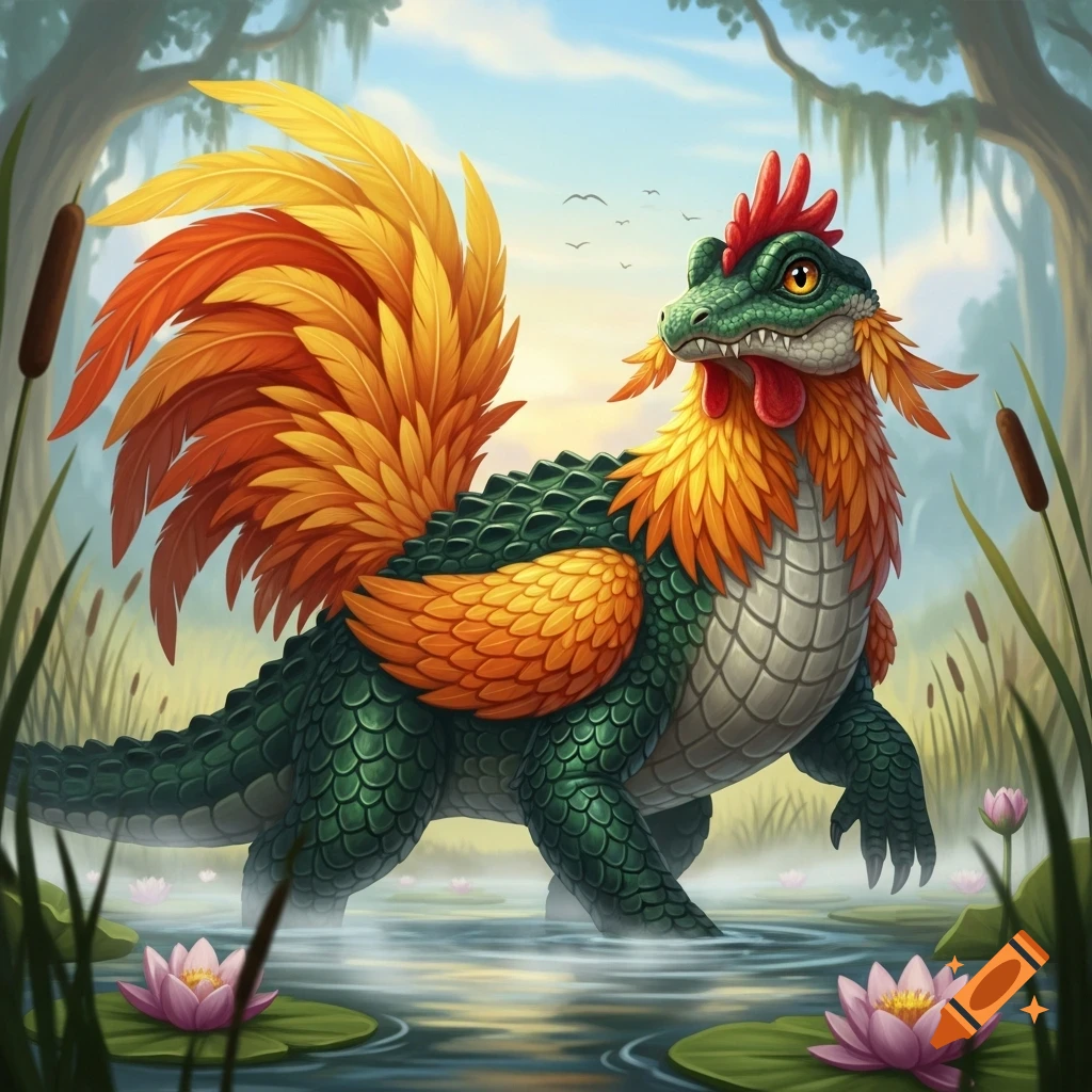 A stylized green alligator-chicken hybrid with vibrant orange and yellow feathers stands in a swamp with lily pads and cattails.