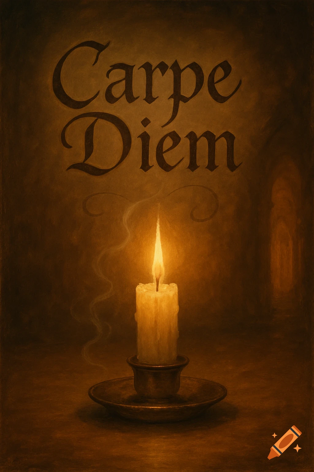 A painterly image of a lit candle on a stand, with the words 'Carpe Diem' in elegant script above it, in a warm, dark setting.