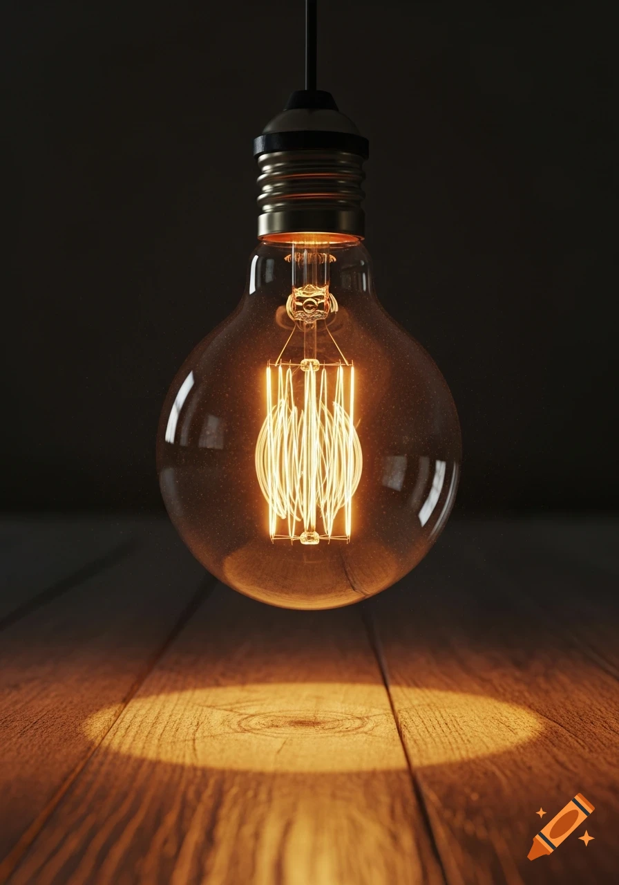 A glowing Edison lightbulb hangs, casting a warm circular light onto a textured wooden surface in a dark setting.