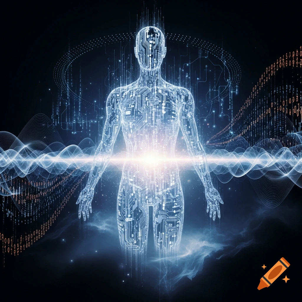 A glowing, translucent human figure made of circuit board patterns stands amidst binary code, light waves, and digital elements against a dark background, representing AI.