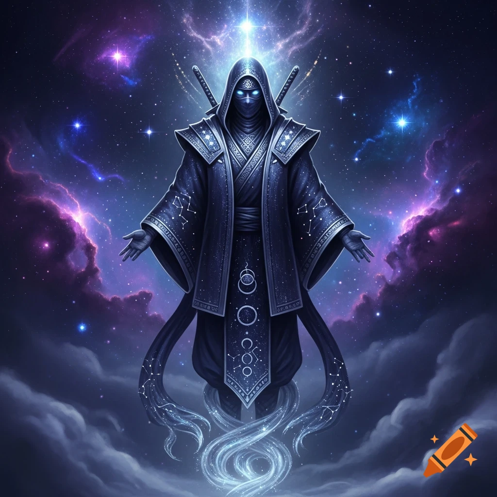 A mysterious cloaked ninja-like figure with glowing blue eyes stands with outstretched hands against a vibrant nebula and starry sky.