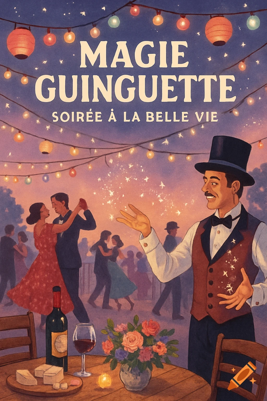 A vintage-style poster illustration of an outdoor 'Magie Guinguette' evening, with people dancing, a smiling magician, and a table with wine and cheese under string lights.