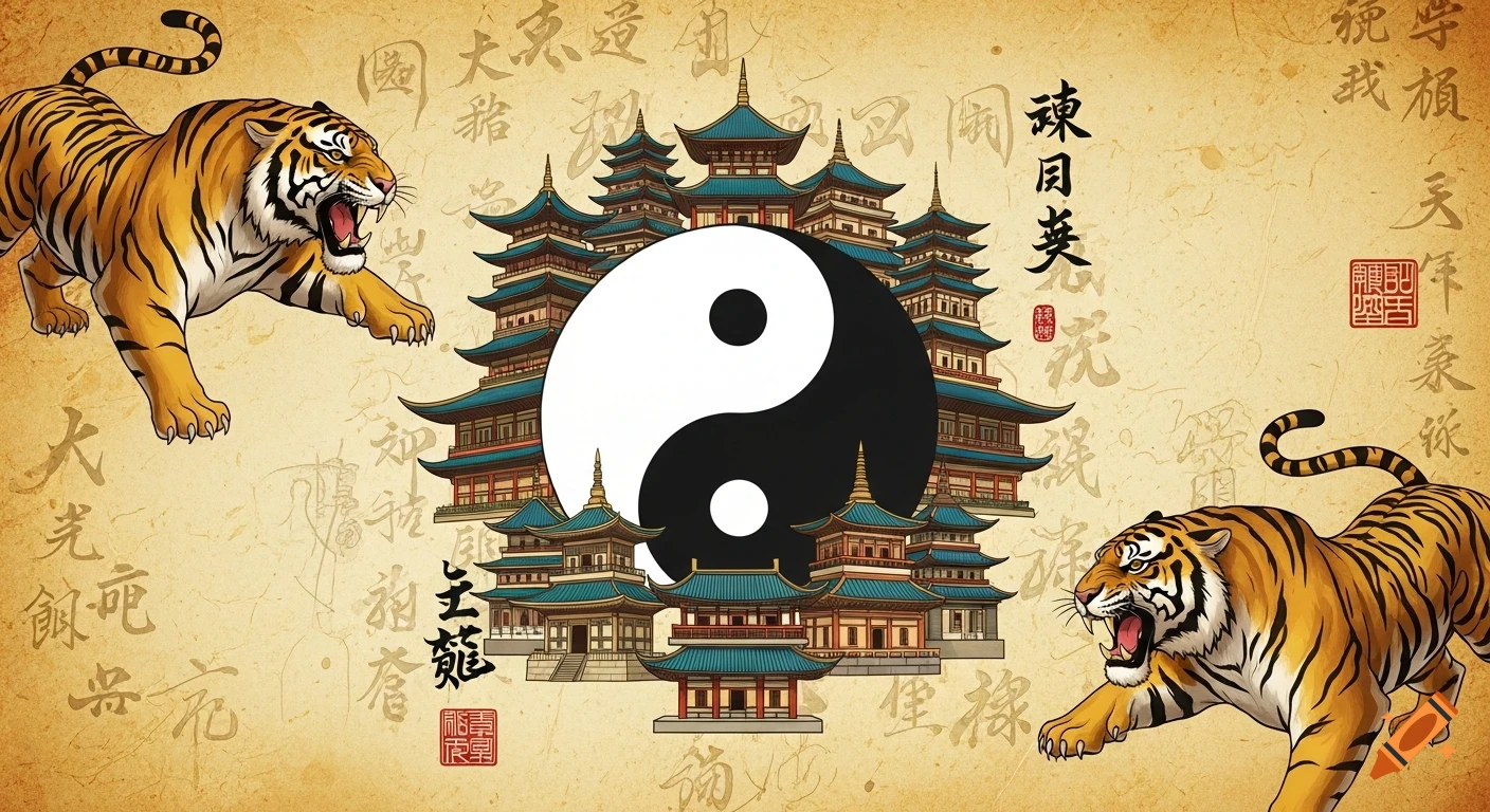 Two roaring tigers flank a Yin-Yang symbol centered among stylized pagodas on an aged parchment background with mystical Asian characters.