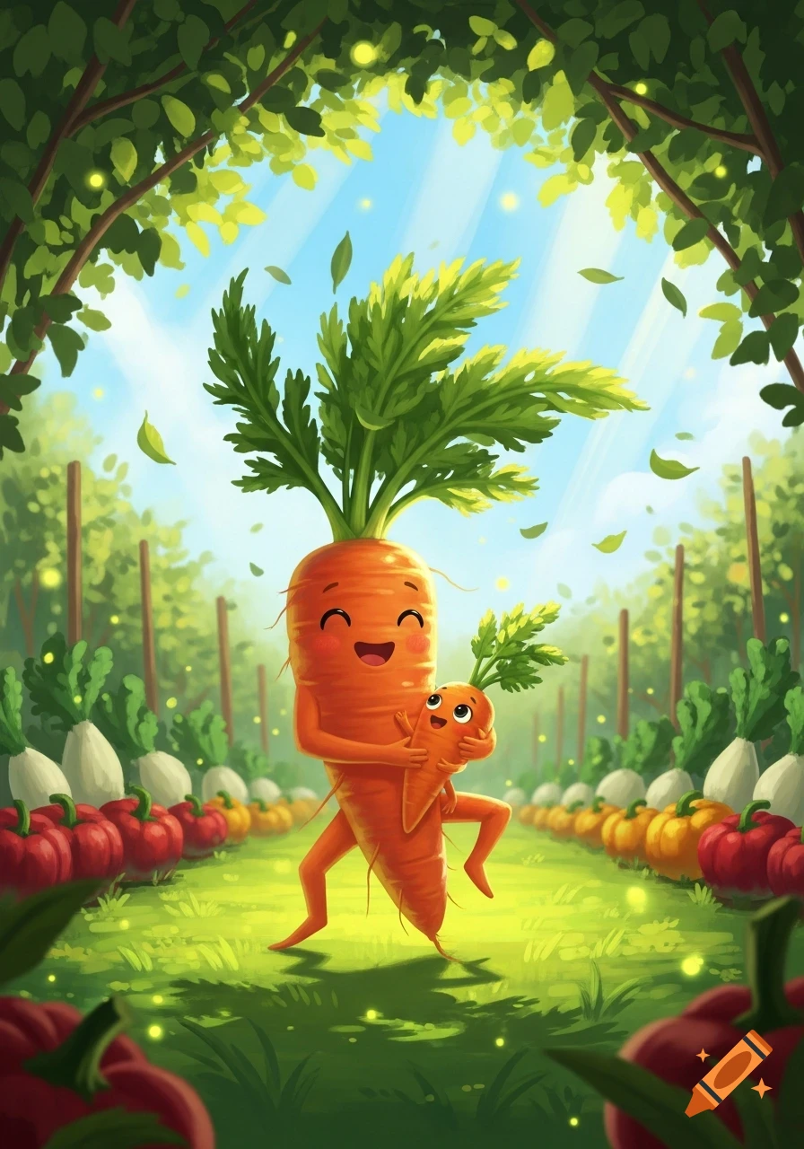 A whimsical cartoon illustration of a large, smiling carrot dancing and hugging a smaller baby carrot on a sunny garden path.