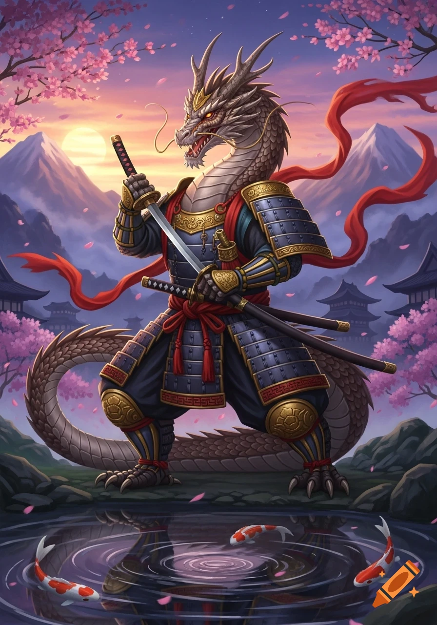 A majestic samurai dragon with a katana stands by a pond with koi fish, surrounded by cherry blossoms and mountains at sunset, in detailed fantasy art.