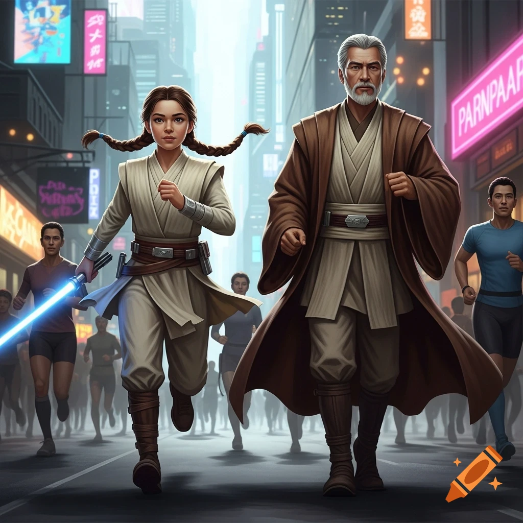 A young woman with a lightsaber and an older man in robes run a marathon on a futuristic city street, with other runners behind them.