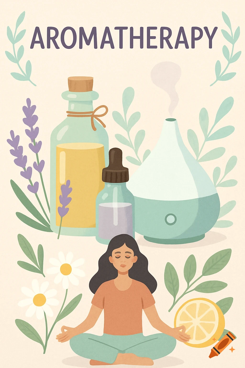 Illustration of aromatherapy items including essential oils, diffuser, lavender, chamomile, lemon, and a meditating person.