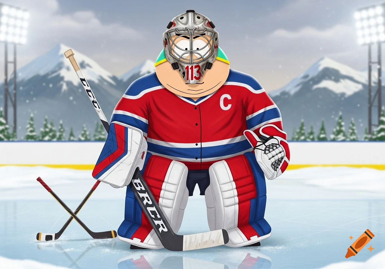 Eric Cartman from South Park as an ice hockey goalie in a red and blue jersey and an old-school mask, on an outdoor ice rink with mountains in the background.