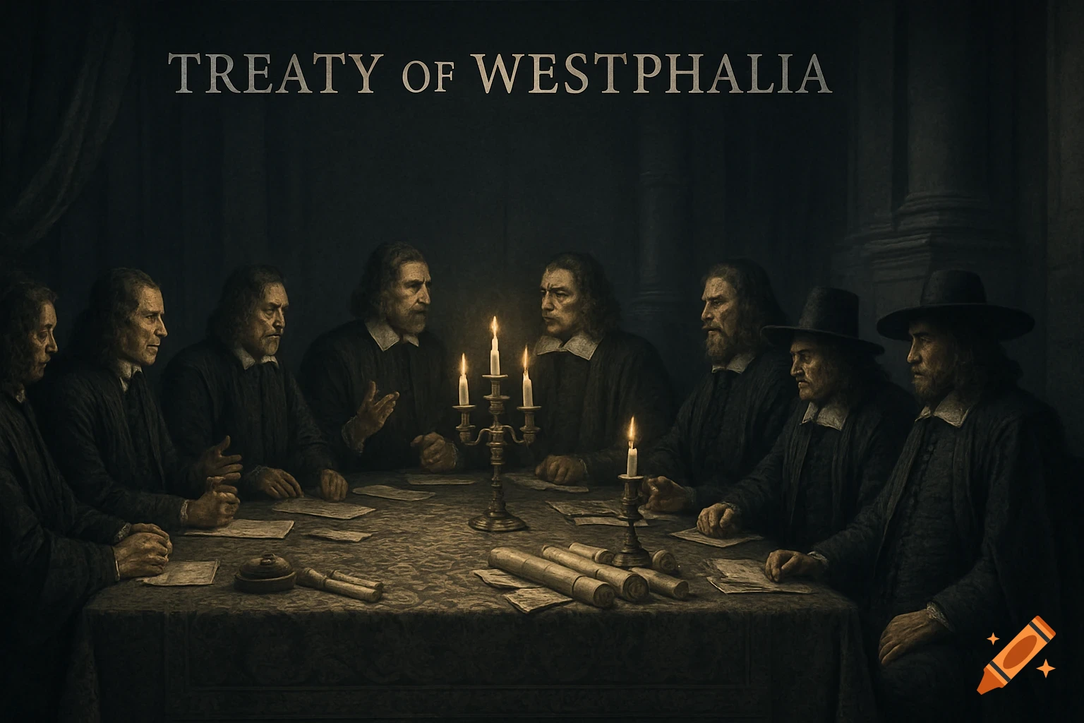 Historical painting of men in dark period clothing at a candlelit table, with 'Treaty of Westphalia' above.