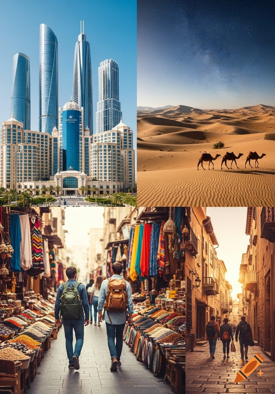 A vibrant travel collage featuring modern skyscrapers, a desert with camels, bustling bazaars, and historic city streets.