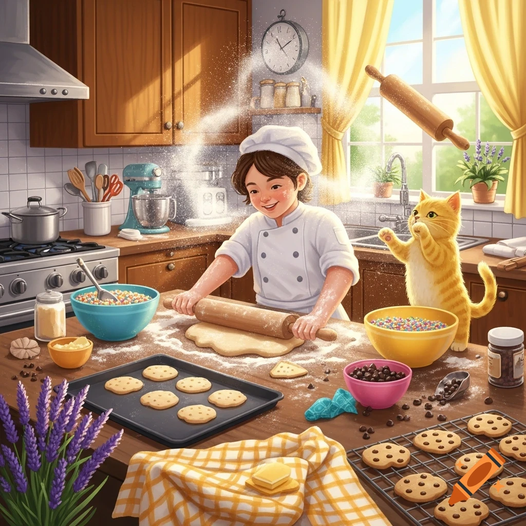 A cheerful child chef rolls cookie dough in a bright, cartoon kitchen, as flour flies and a ginger cat plays with a rolling pin.
