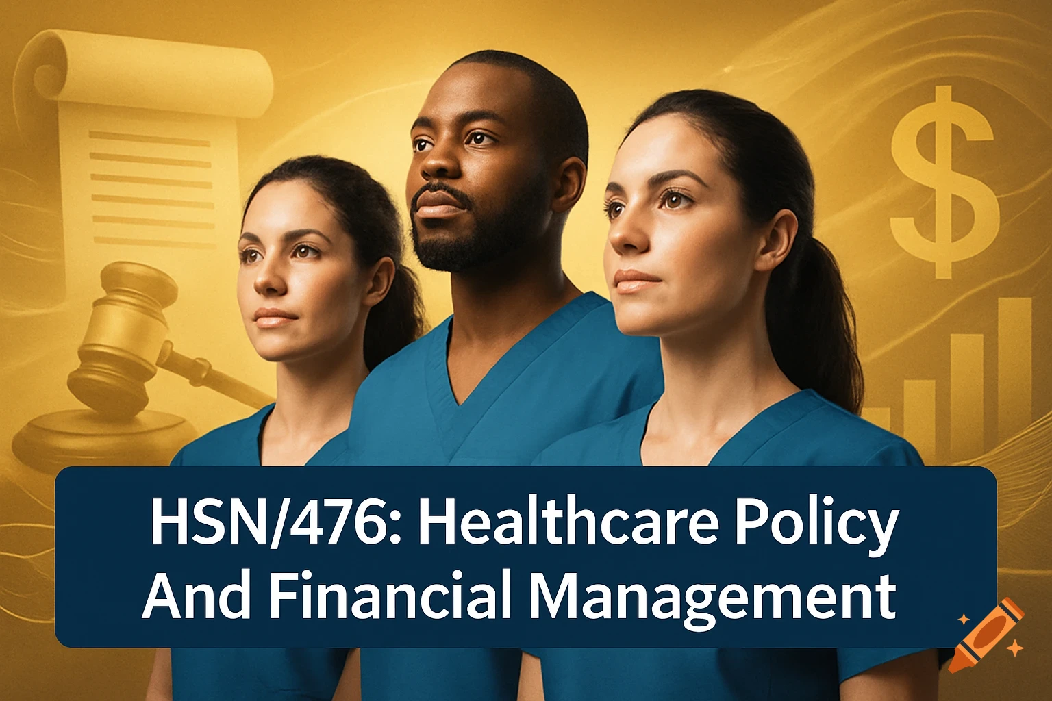 Three healthcare professionals in teal scrubs against a golden background with legal and financial symbols. A banner reads "HSN/476: Healthcare Policy And Financial Management".