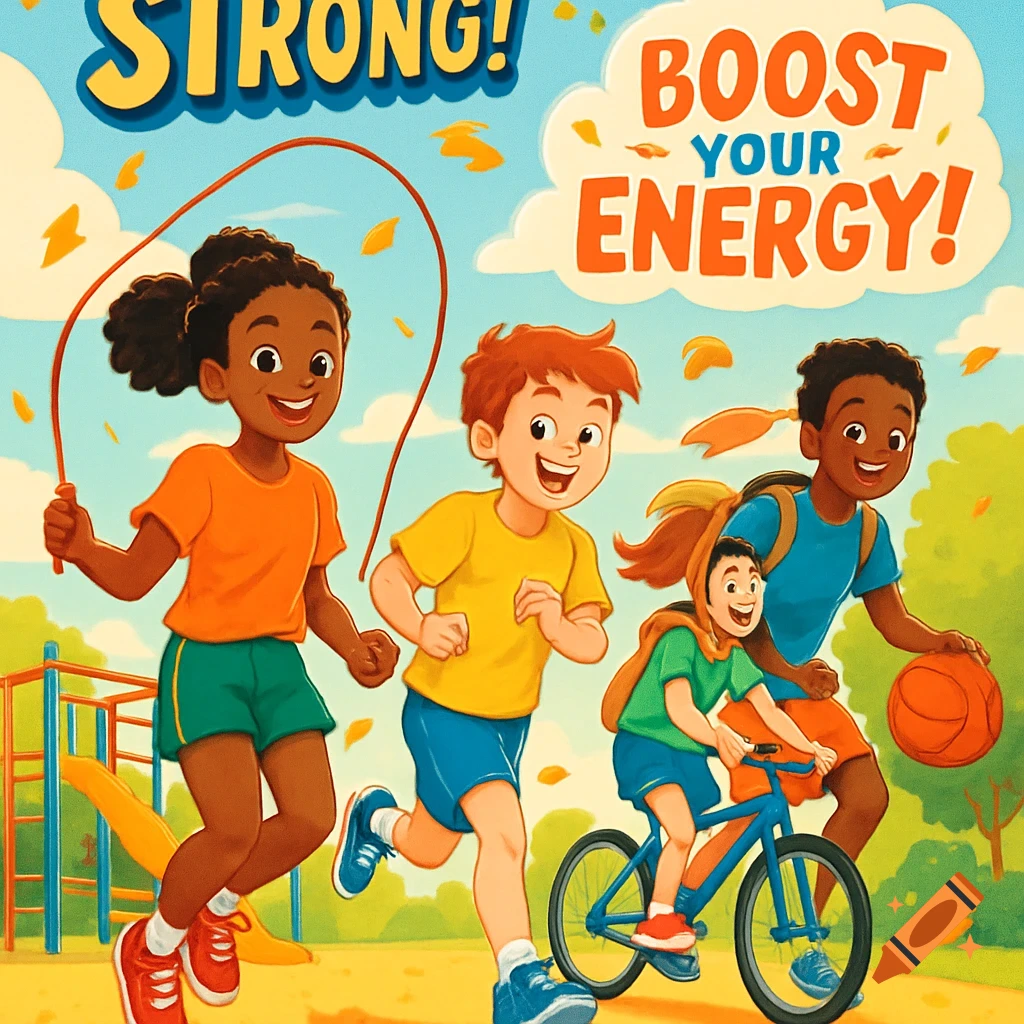 A colorful cartoon poster shows diverse children happily exercising outdoors, with text "STRONG!" and "BOOST YOUR ENERGY!"