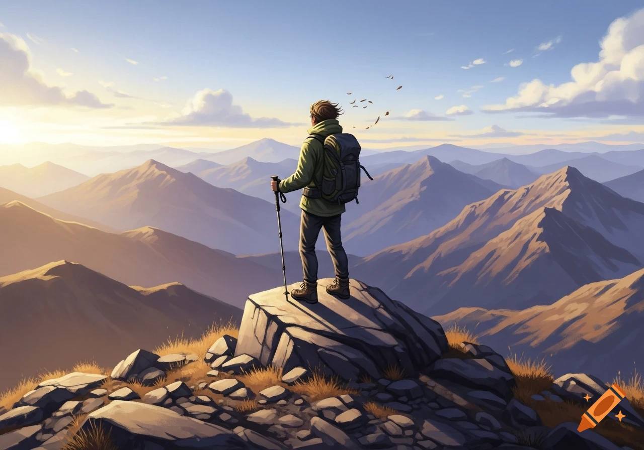 A hiker stands on a rocky peak, overlooking vast mountains at sunrise in a stylized illustration.